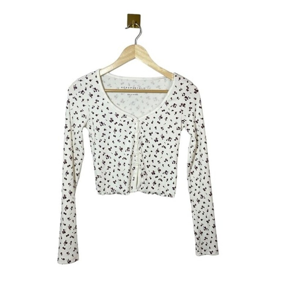 Aeropostale XS Floral Ribbed Button Front Crop Top White Red Lettuce Trim